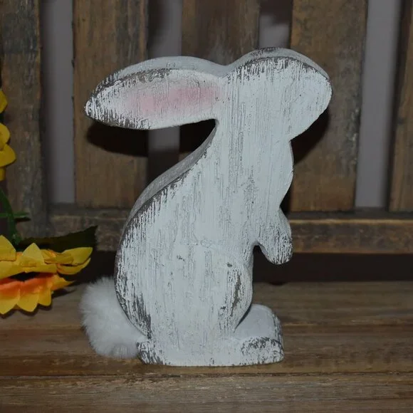 Distressed Shabby Whitewash Bunny Rabbit Rustic Cottage Farmhouse Spring Decor - Picture 9 of 11